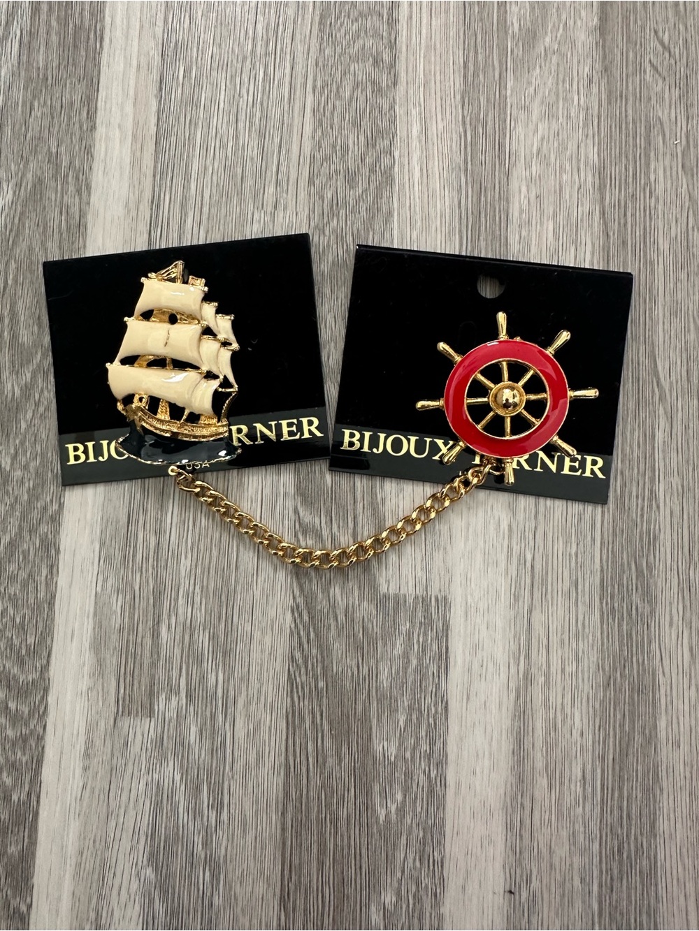 Nautical Double Charm Jewelry Piece New – Gold-tone Helm and Ship with Chain